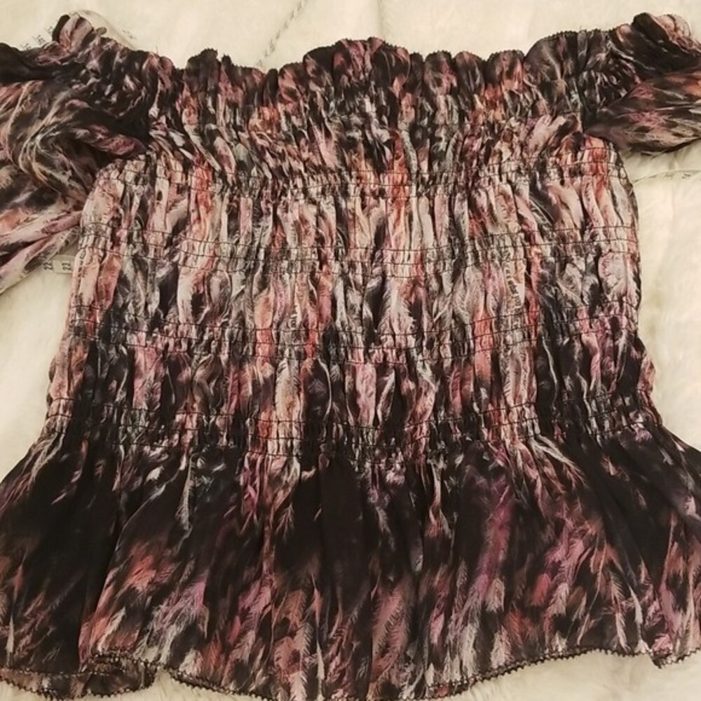 NWT All Saints Lara Smocked Off the Shoulder Top in Rainbow Pink, size 6 - Picture 8 of 10